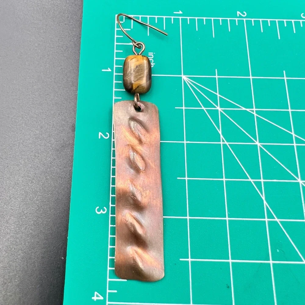 Handmade Copper Tigers Eye Dangle‎ Earrings Rectangle Hammered 3.25